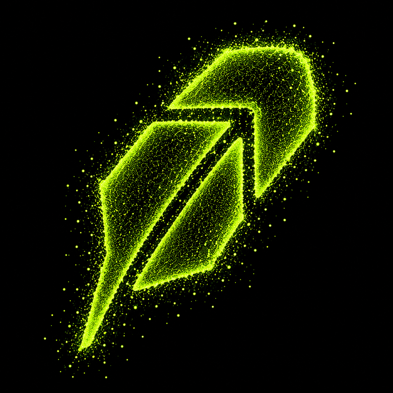 Neon lime HOODBRAIN logo made from glowing particles